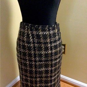 Plaid wool blend skirt in black, brown and tan in size 14.